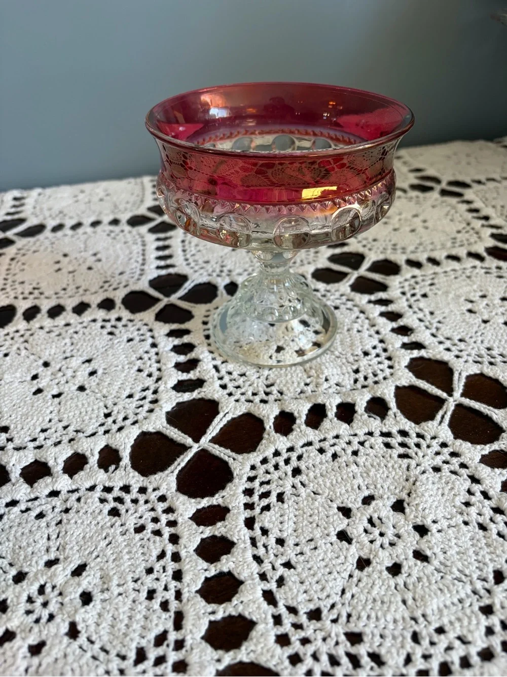Vintage Tiffin King Crown Ruby & Clear Pedestal Candy Dish